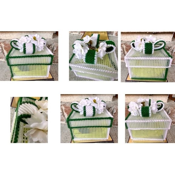 VTG St Patricks Day Trinket Box Handmade Plastic Canvas Shamrock Brooch Pin Bow - Picture 3 of 12